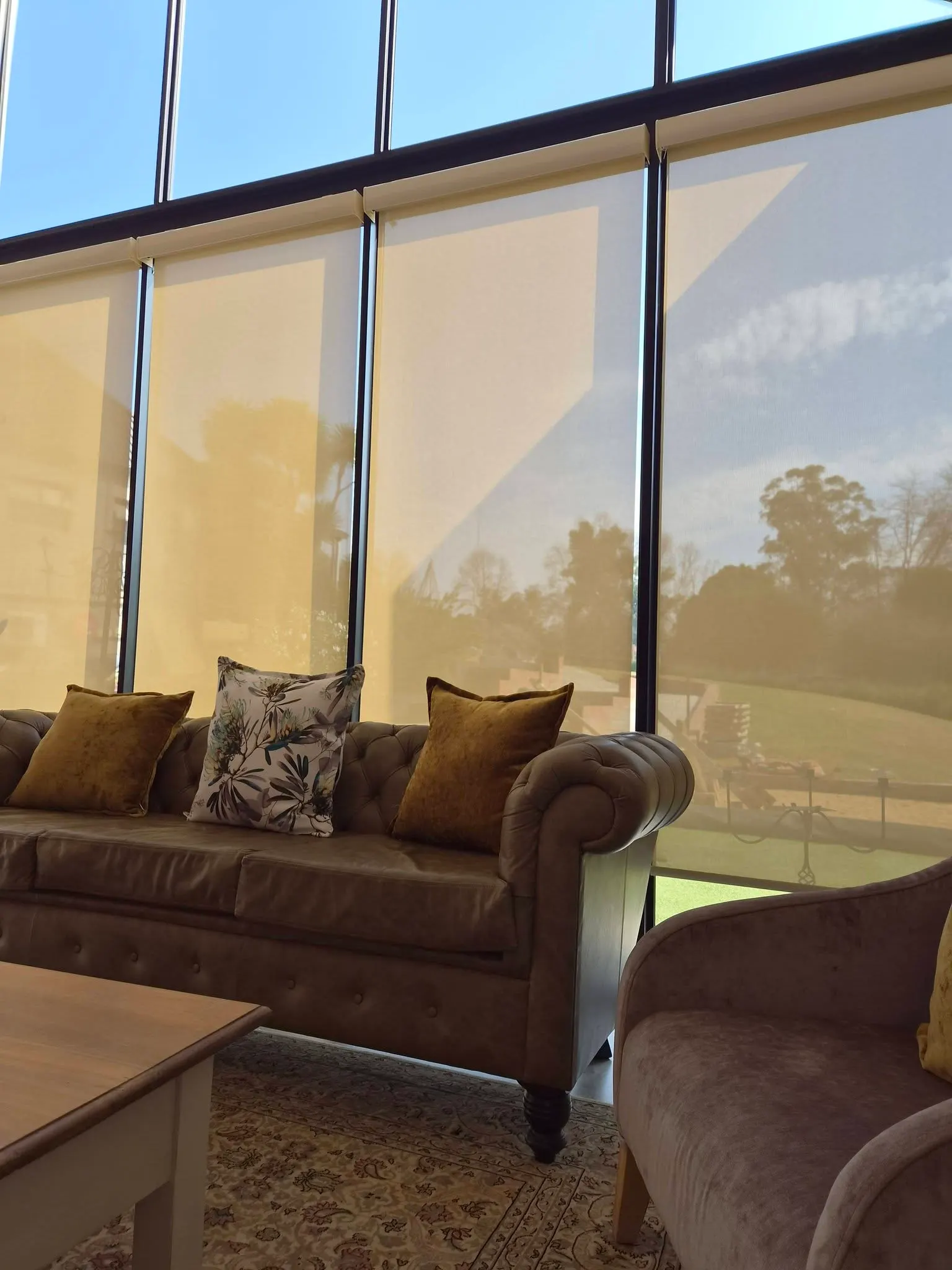 Motorised sunscreen roller blinds in a glass-gable lounge with a leather Chesterfield couch