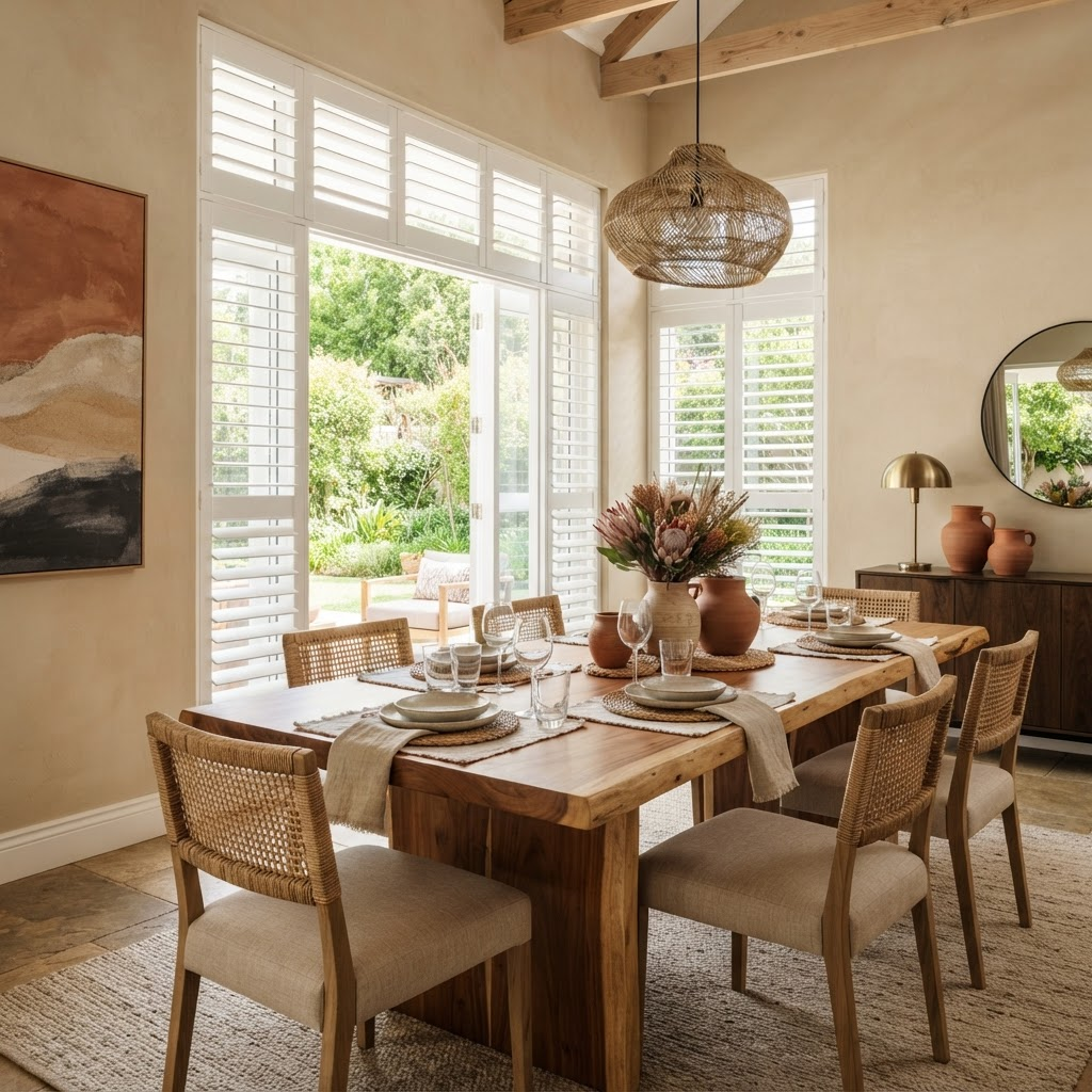 Dining room with floor to ceiling white shutters